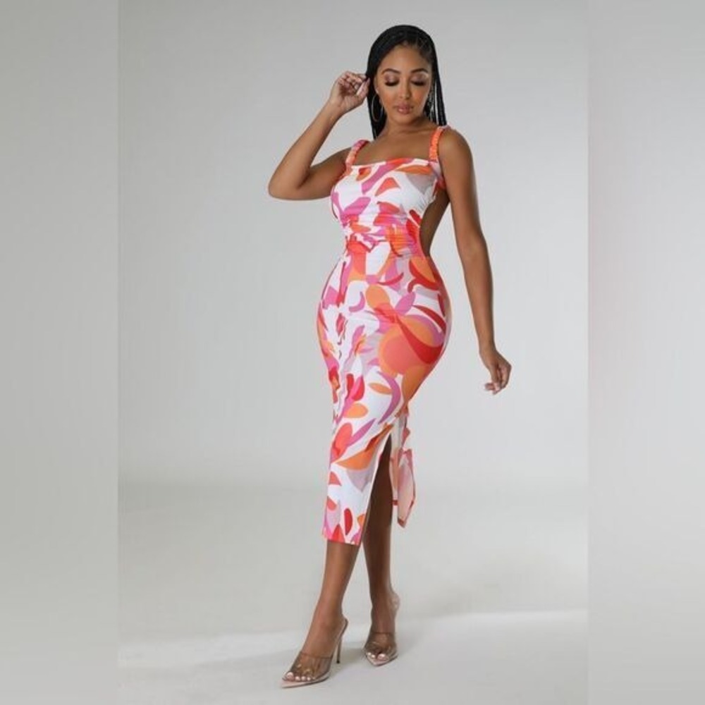 MICAS Women's‎ Abstract Print Maxi Dress Ruched Bodice Cutout Back Side Slit L - Picture 2 of 11